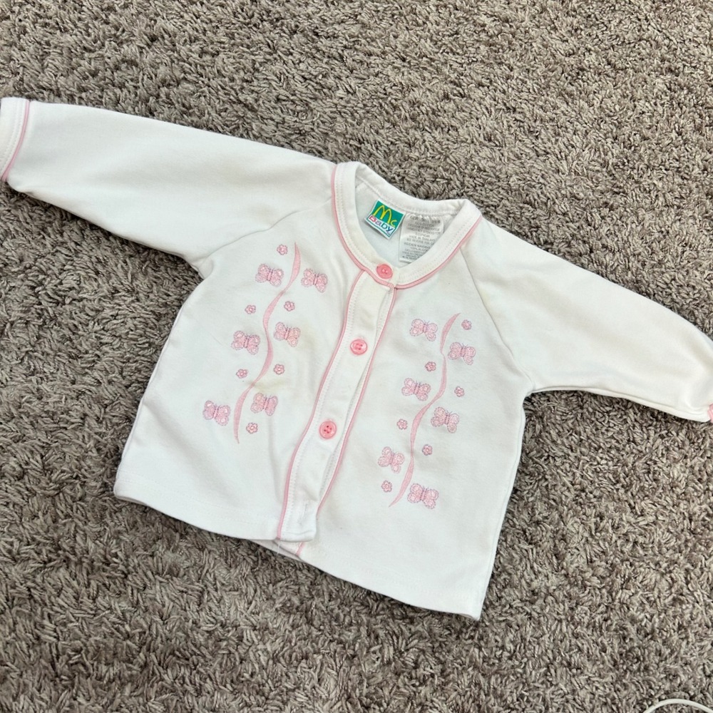 Vintage McBaby White Pink Butterfly Embroidered Button Front Cardigan 3-6 Months